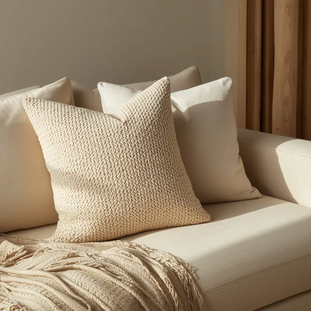 Cream white corduroy throw pillow covers styled on a sofa